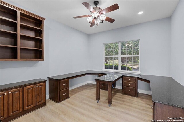 office area with ceiling fan and light wood-type flooring