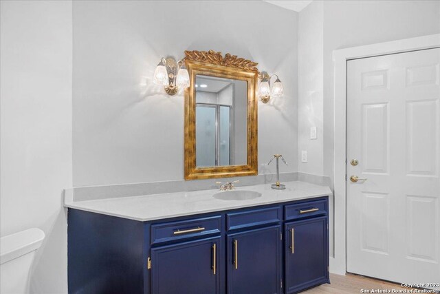 bathroom with vanity, hardwood / wood-style flooring, and toilet