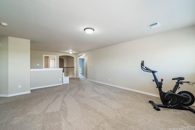 workout area featuring light carpet