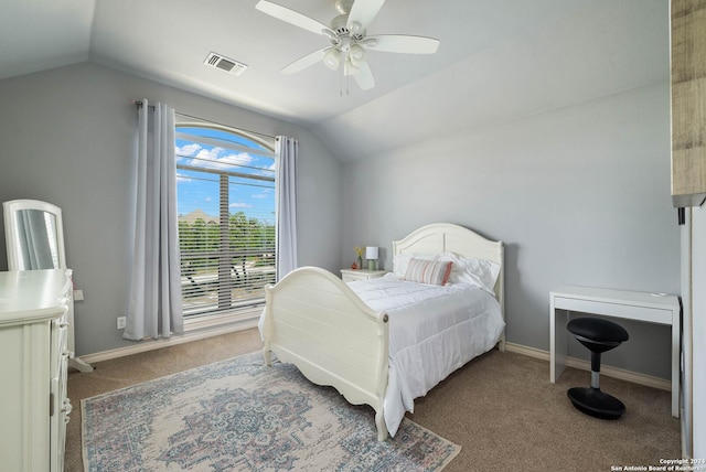 carpeted bedroom featuring ceiling fan and lofted ceiling