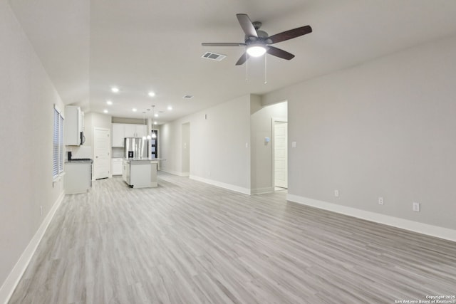 unfurnished living room featuring light hardwood / wood-style floors and ceiling fan