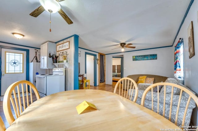 dining space featuring ceiling fan, washer / clothes dryer, and light wood-style flooring