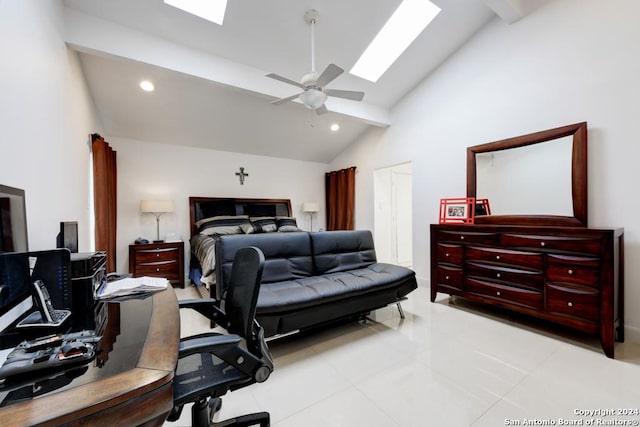 bedroom with ceiling fan, light tile patterned floors, and lofted ceiling with beams