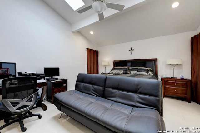 bedroom with ceiling fan and lofted ceiling with beams