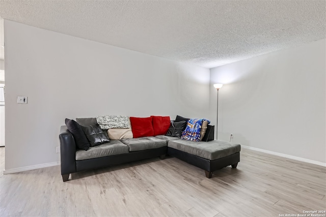 living room featuring a textured ceiling and light wood-type flooring