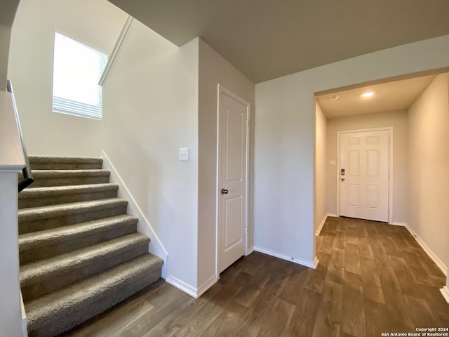 staircase with hardwood / wood-style flooring