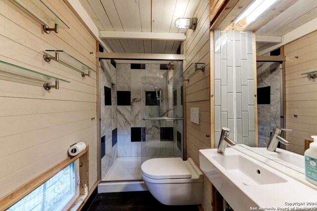 interior space featuring dark wood-type flooring, wood walls, and lofted ceiling with beams