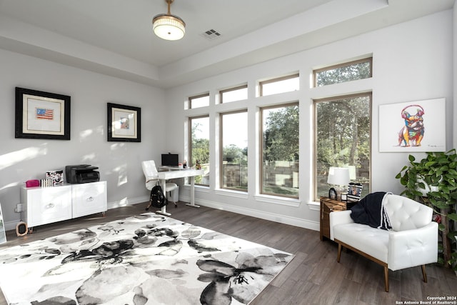 office space with a raised ceiling and dark wood-type flooring