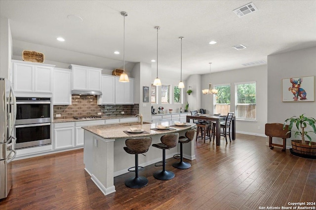 kitchen with white cabinetry, light stone countertops, sink, and a center island with sink