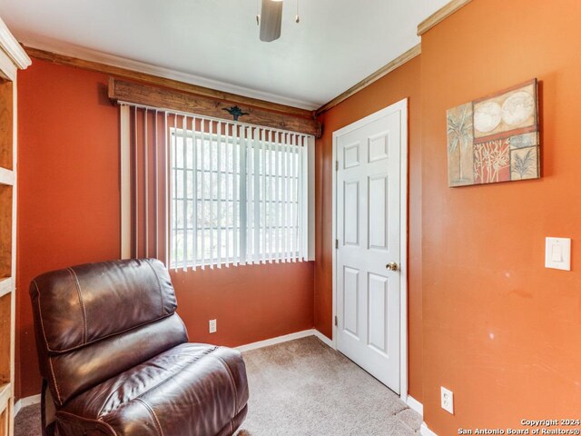 living area featuring crown molding, carpet floors, and ceiling fan