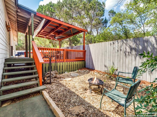 view of patio / terrace with an outdoor fire pit, a fenced backyard, and a deck