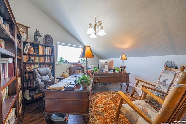 office space featuring a notable chandelier, vaulted ceiling, and hardwood / wood-style floors