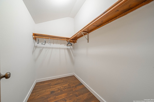 walk in closet with hardwood / wood-style flooring and lofted ceiling