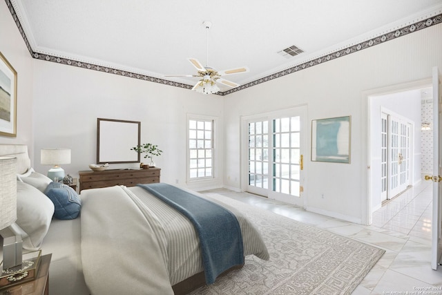 bedroom featuring ornamental molding and ceiling fan