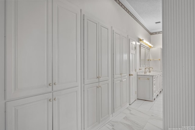 interior space featuring vanity, ornamental molding, and a textured ceiling