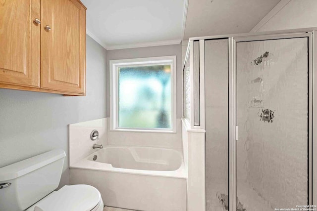 bathroom featuring shower with separate bathtub, crown molding, and toilet