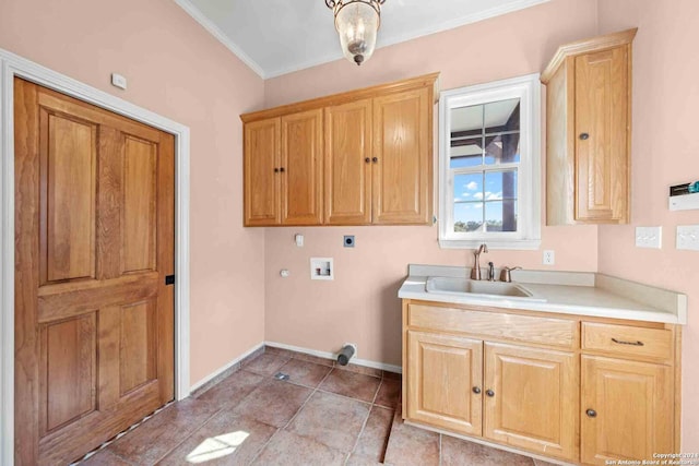 washroom featuring sink, cabinets, electric dryer hookup, washer hookup, and light tile patterned flooring