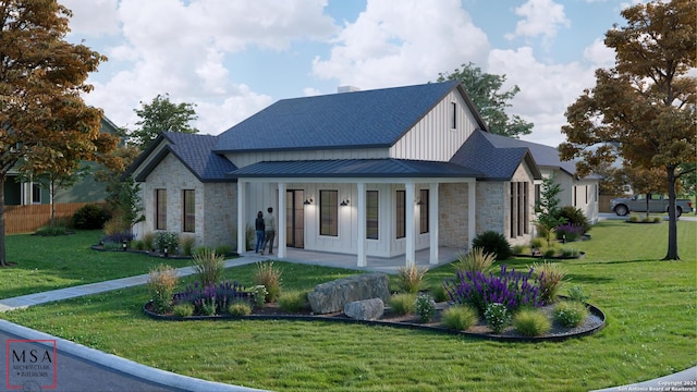 view of front of property with a front yard and covered porch