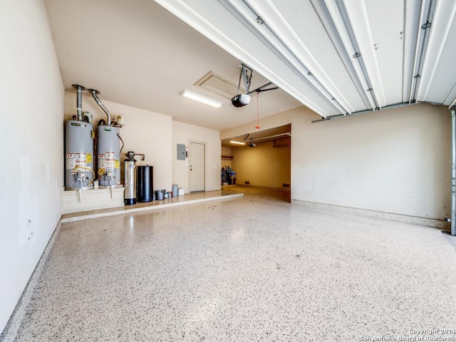 garage with electric panel, gas water heater, and a garage door opener