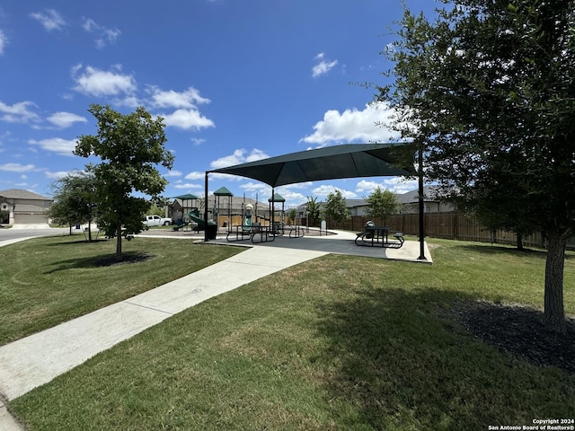 view of home's community with a lawn and a playground