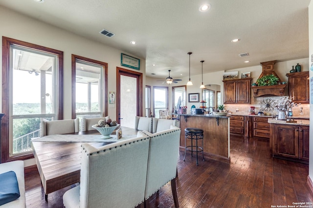 dining room featuring dark hardwood / wood-style flooring, a wealth of natural light, and ceiling fan