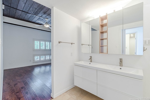 bathroom with wooden ceiling, ceiling fan, wood-type flooring, and double sink vanity