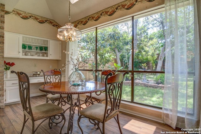 dining room featuring plenty of natural light, hardwood / wood-style flooring, and vaulted ceiling