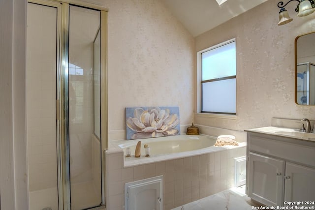 bathroom with vanity, plus walk in shower, and vaulted ceiling