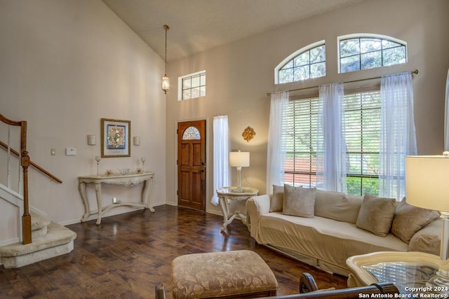 living room with a healthy amount of sunlight, high vaulted ceiling, and dark wood-type flooring