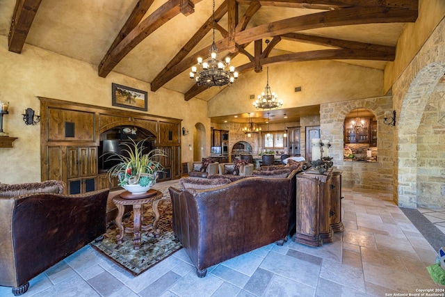 living room featuring beamed ceiling, high vaulted ceiling, and a notable chandelier