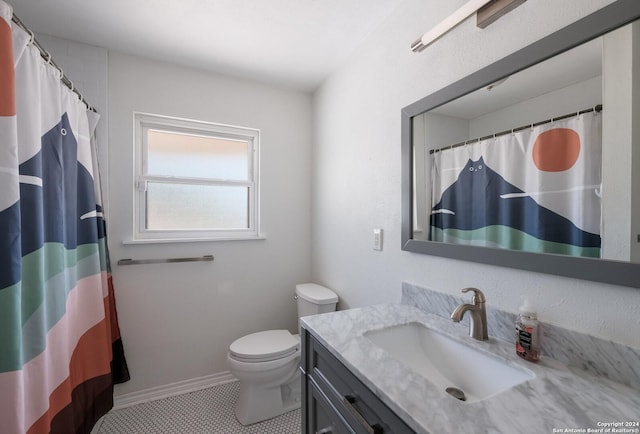 bathroom with tile patterned flooring, vanity, toilet, and a shower with curtain