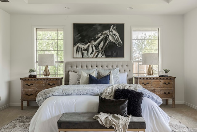 bedroom with multiple windows and carpet floors