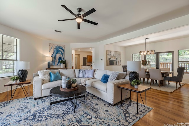 living room featuring plenty of natural light, ceiling fan with notable chandelier, and hardwood / wood-style floors