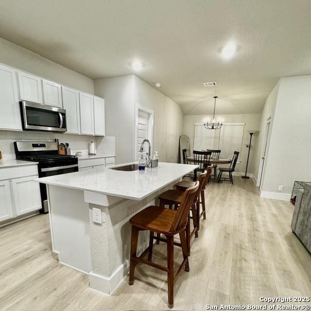 kitchen featuring pendant lighting, a kitchen island with sink, white cabinets, sink, and appliances with stainless steel finishes