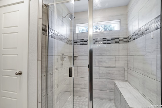 bathroom featuring a shower with shower door