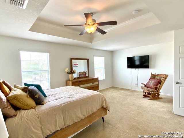 carpeted bedroom with ceiling fan, multiple windows, and a tray ceiling