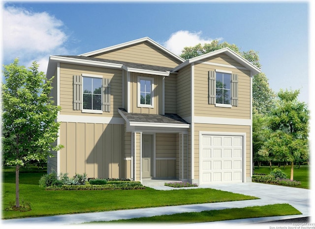 view of front facade featuring a garage and a front lawn