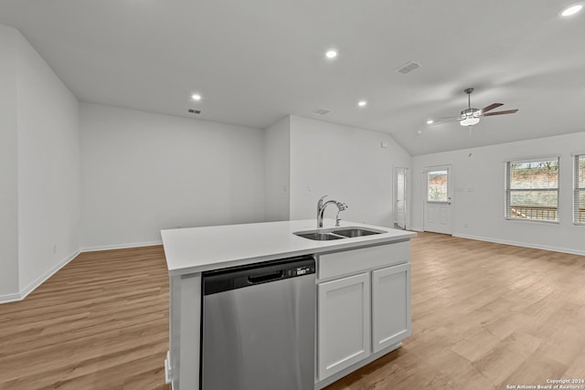 kitchen with sink, dishwasher, white cabinetry, a kitchen island with sink, and light hardwood / wood-style floors