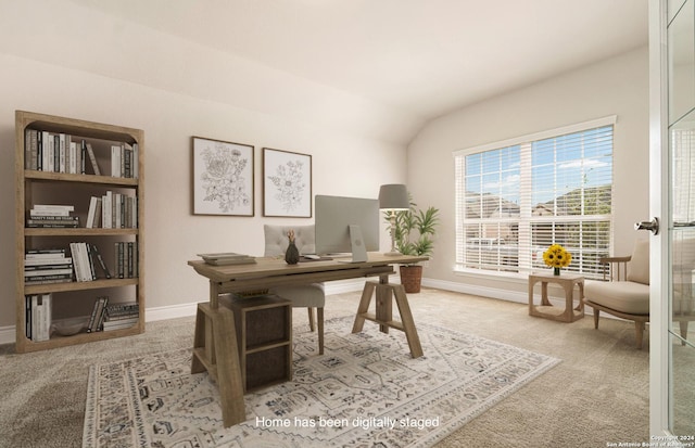 office space featuring carpet and vaulted ceiling