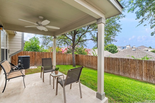 view of patio / terrace featuring ceiling fan and central air condition unit