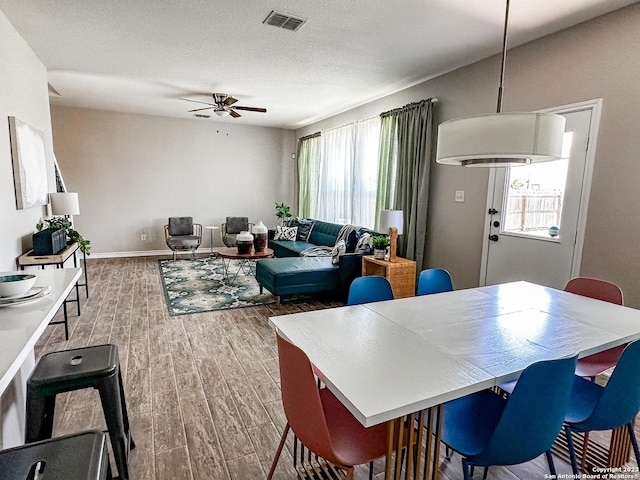 dining room featuring a textured ceiling, a wealth of natural light, and ceiling fan