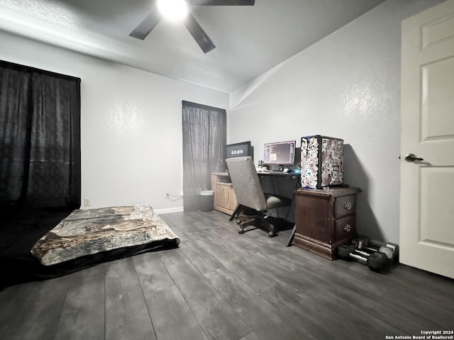 home office with ceiling fan and hardwood / wood-style flooring