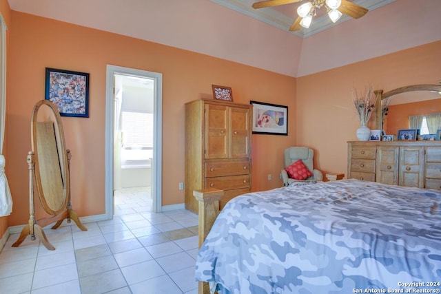 tiled bedroom featuring ceiling fan