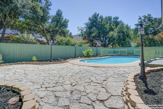 view of pool featuring a fenced backyard, a fenced in pool, and a patio area