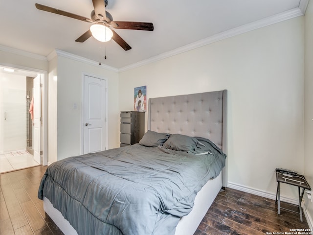 bedroom with ornamental molding, ceiling fan, and hardwood / wood-style floors