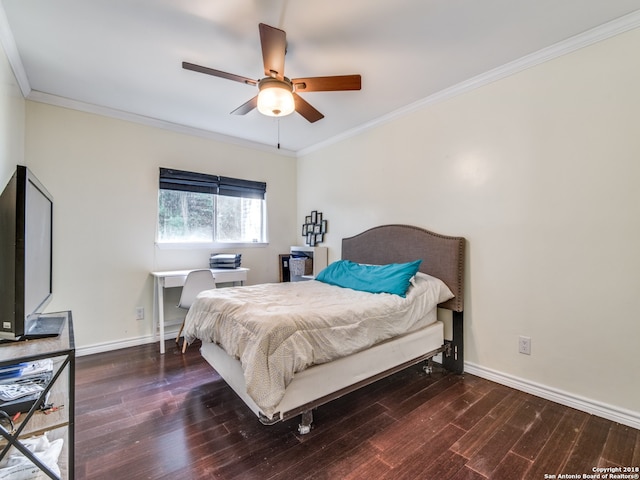 bedroom featuring ornamental molding, dark hardwood / wood-style flooring, and ceiling fan