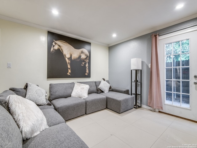 living room featuring crown molding and light tile patterned floors