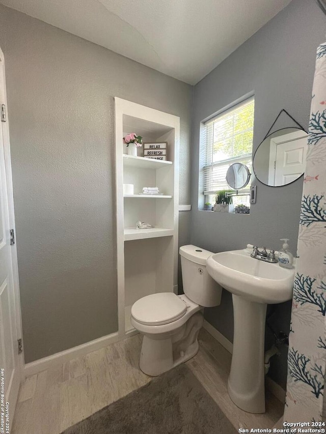 bathroom with baseboards, a sink, toilet, and wood finished floors