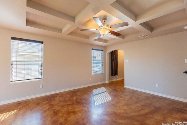 empty room with a healthy amount of sunlight, ceiling fan, and coffered ceiling