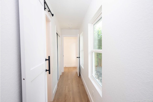 corridor featuring a barn door and light hardwood / wood-style flooring